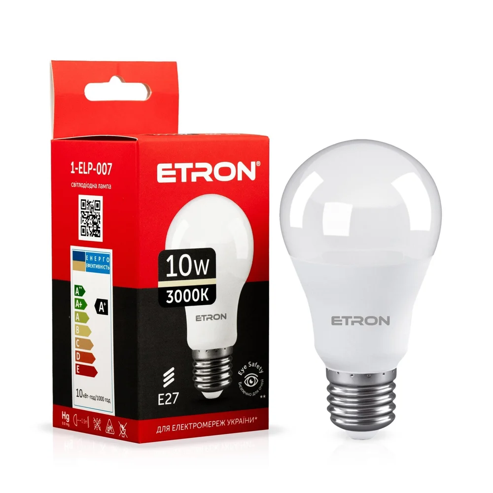 Світлодіодна LED лампа ETRON 10W A60 3000K E27 тепле світло 1-ELP-007