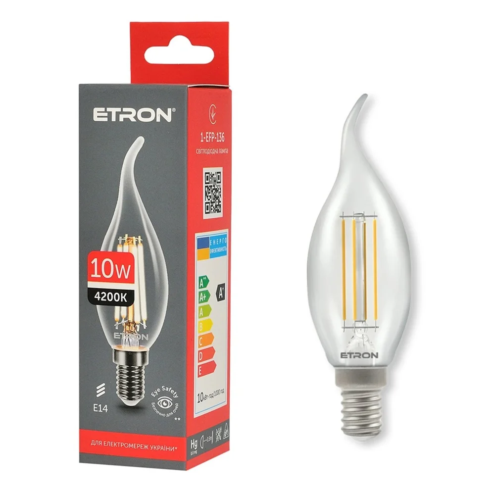 Светодиодная филаментная лампа ETRON 1-EFP-136 Filament C37 10W E14 4200K прозрачная