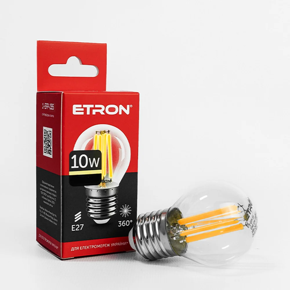 Світлодіодна лампа філаментна ETRON G45 10W E27 3000K тепле світло, прозора 1-EFP-155