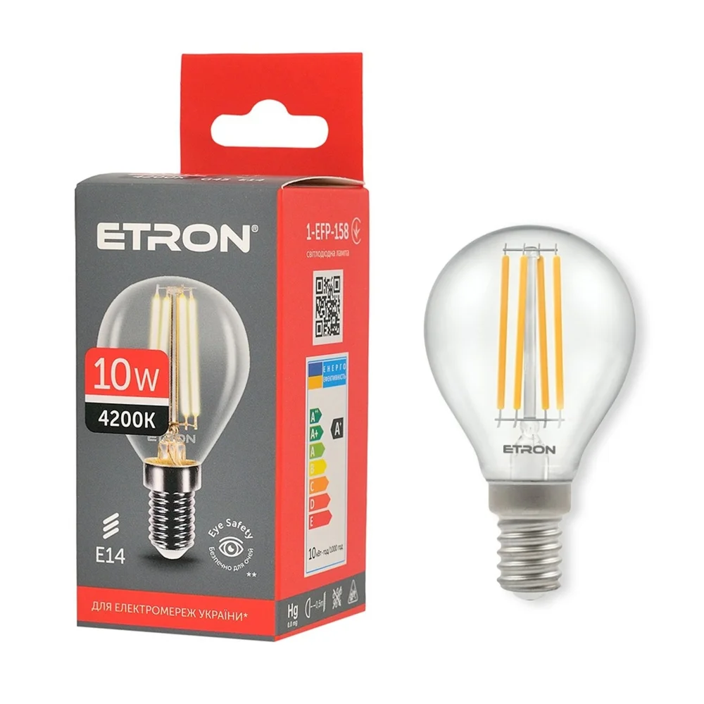 Светодиодная филаментная лампа ETRON G45 10W E14 4200K нейтральный свет, прозрачная 1-EFP-158