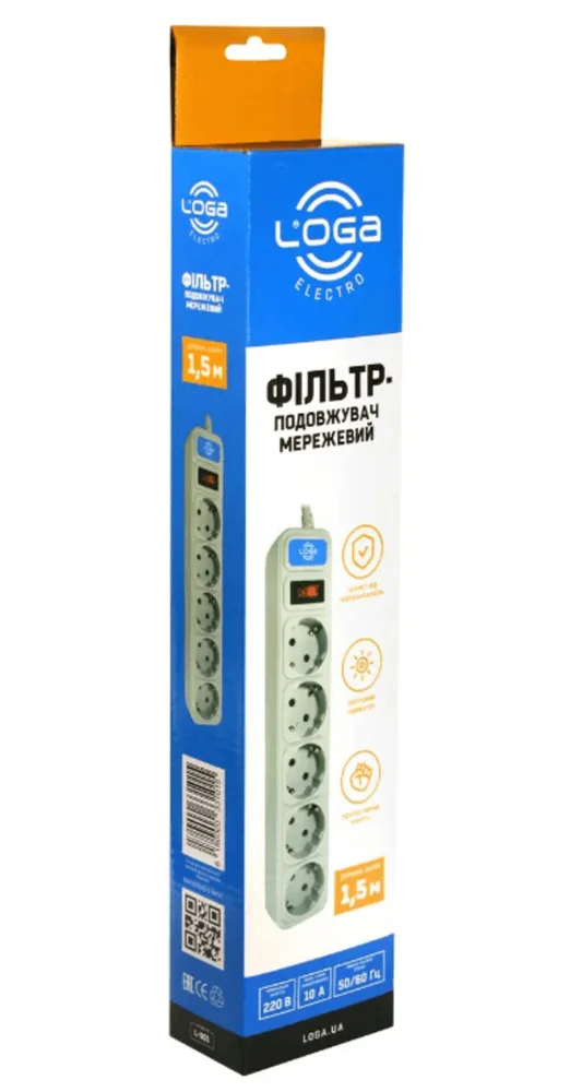 Мережевий фільтр-подовжувач 1,5 метри із заземленням та вимикачем LOGA