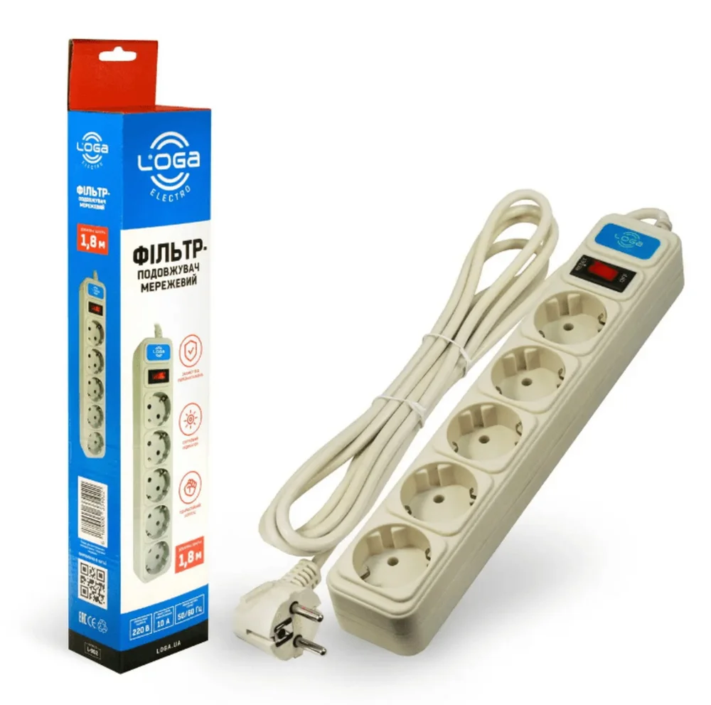 Мережевий фільтр-подовжувач 1,8 метри із заземленням та вимикачем LOGA