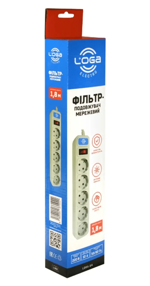 Мережевий фільтр-подовжувач 1,8 метри із заземленням та вимикачем LOGA