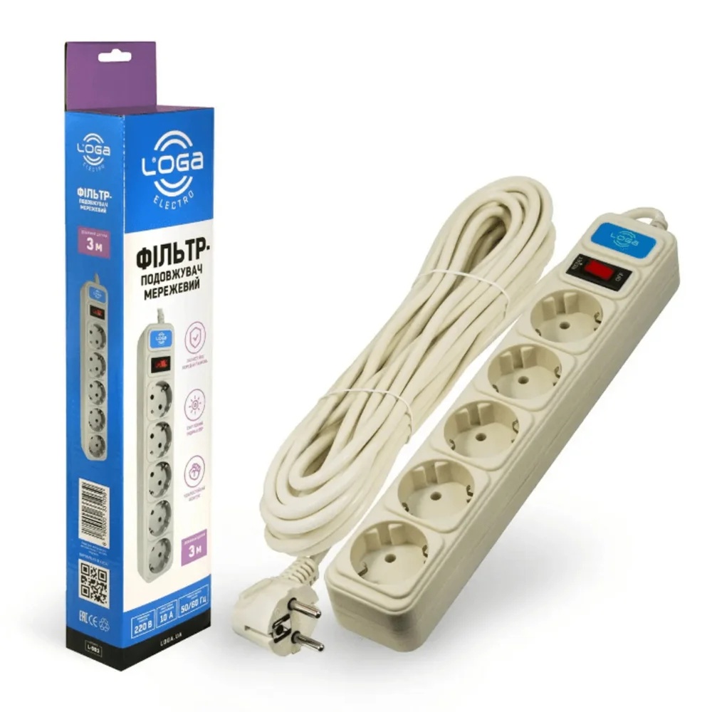 Мережевий фільтр-подовжувач 3 метри із заземленням та вимикачем LOGA