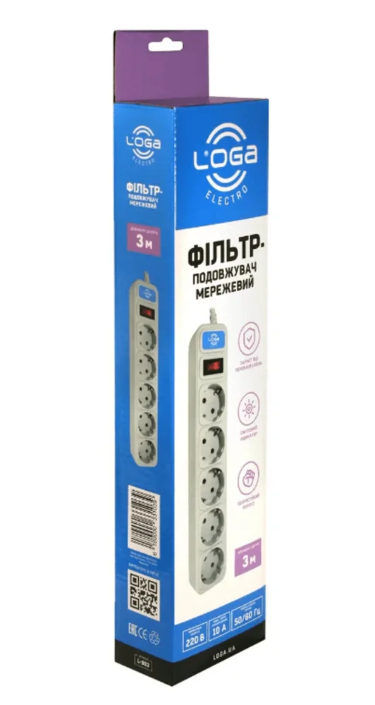 Мережевий фільтр-подовжувач 3 метри із заземленням та вимикачем LOGA