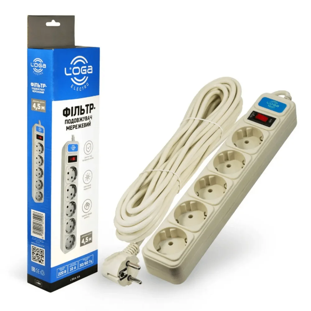 Мережевий фільтр-подовжувач 4,5 метри із заземленням та вимикачем LOGA