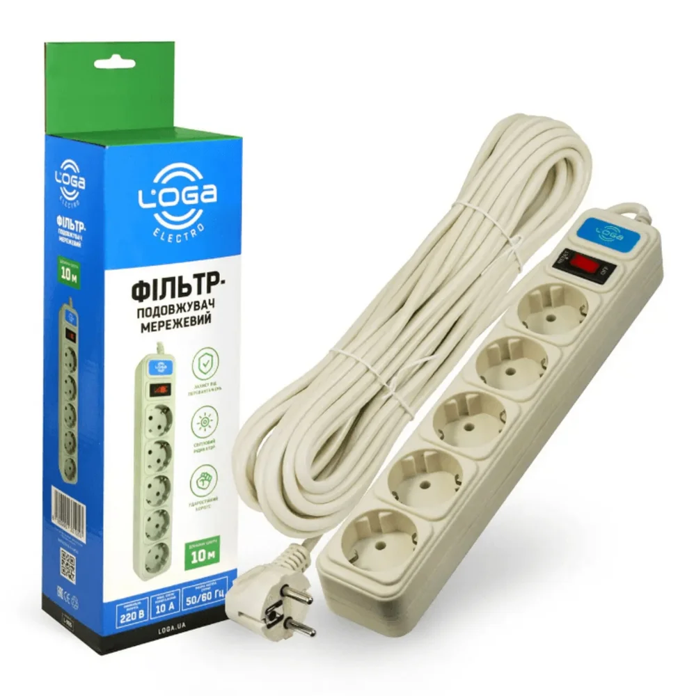 Мережевий фільтр-подовжувач 10 метрів із заземленням та вимикачем, LOGA