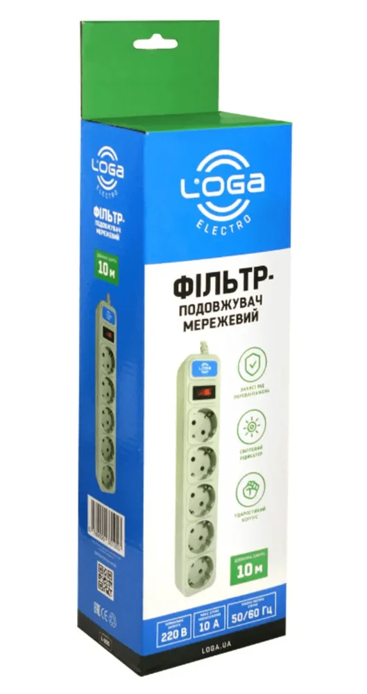 Мережевий фільтр-подовжувач 10 метрів із заземленням та вимикачем, LOGA