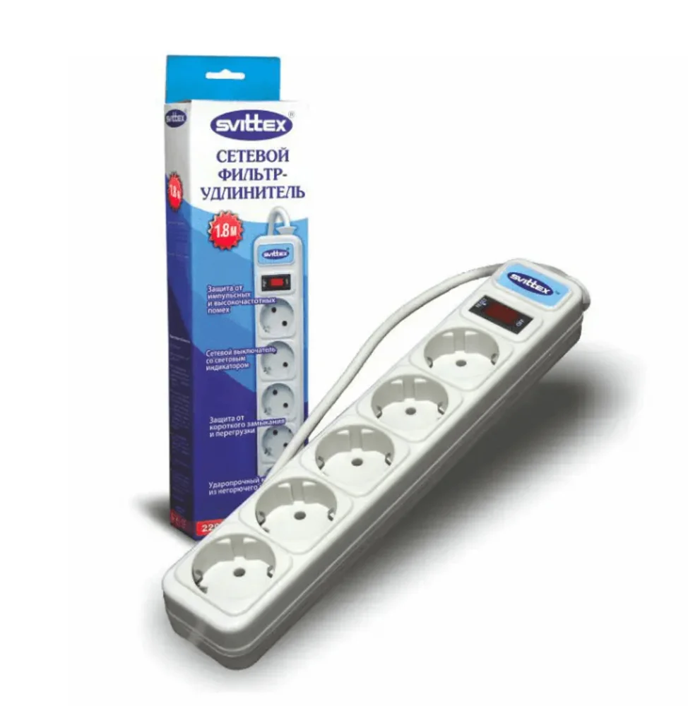 Мережевий фільтр-подовжувач 1,8 метри із заземленням та вимикачем SVITTEX