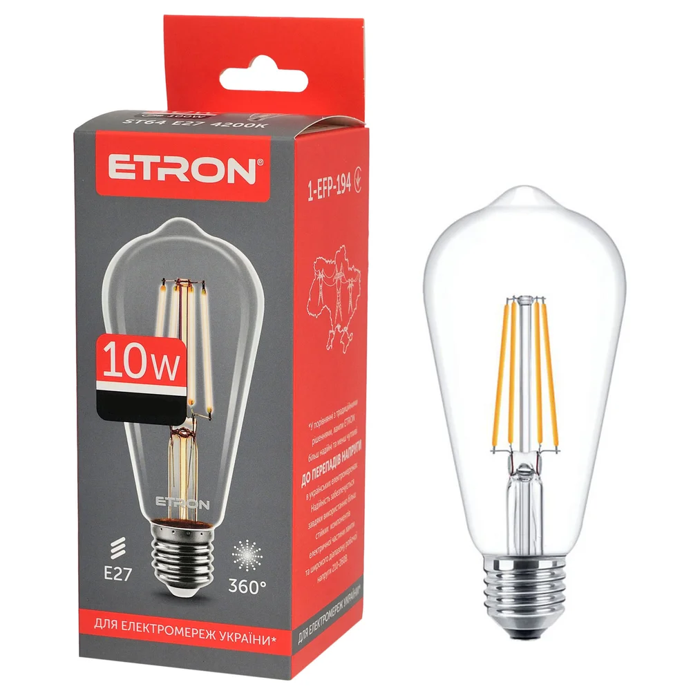 Світлодіодна філаментна лампа ETRON ST64 10W E27 4200K нейтральне світло, прозора