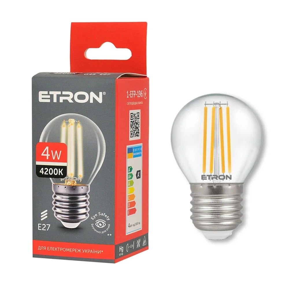 Світлодіодна лампа філаментна ETRON 1-EFP-196 4W 4200K G45 E27 нейтральне світло, прозоре скло