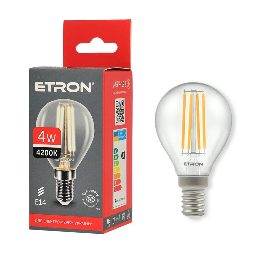 Світлодіодна лампа філаментна ETRON 1-EFP-198 4W 4200K G45 E14 нейтральне світло, прозора