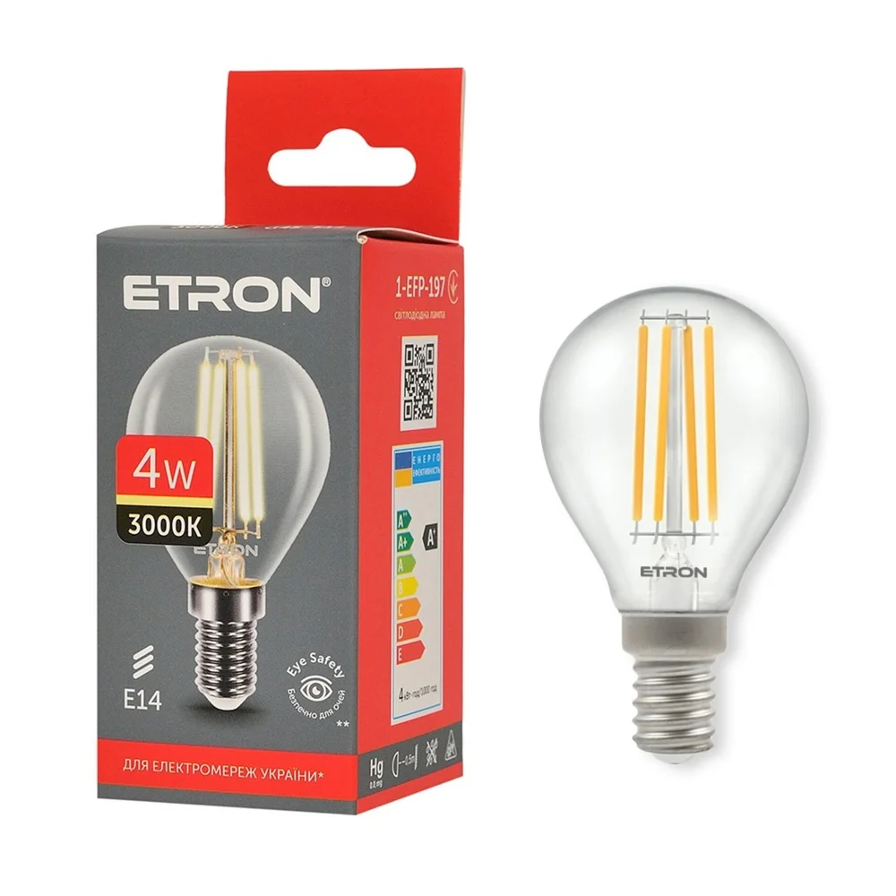 Світлодіодна лампа філаментна ETRON 1-EFP-197 4W 3000K G45 E14 тепле світло, прозоре скло