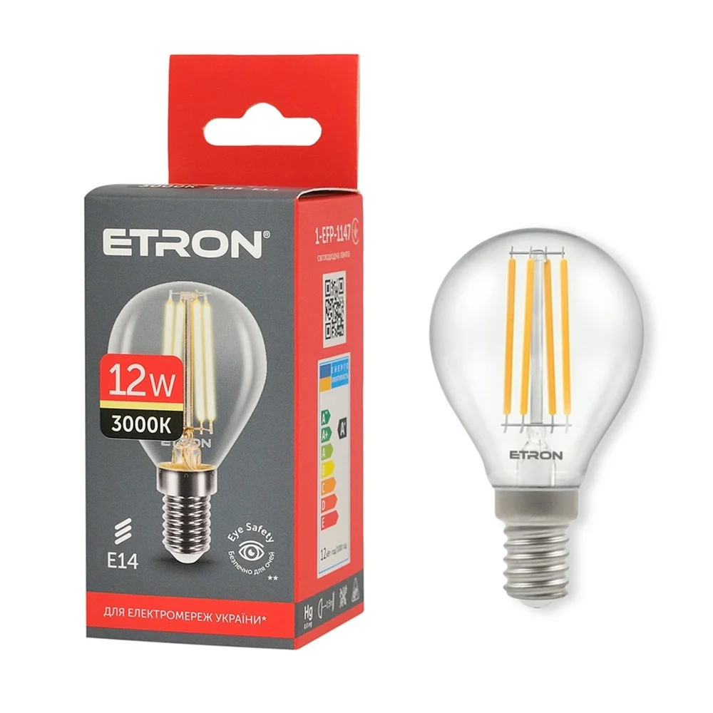 Світлодіодна лампа філаментна ETRON 1-EFP-1147 G45 12W 3000K E14 тепле світло, прозора