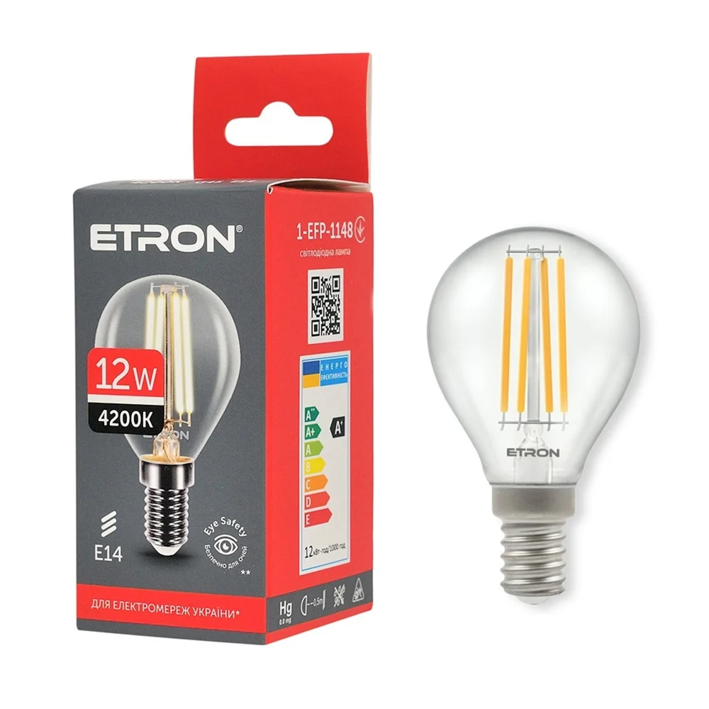 Світлодіодна лампа філаментна ETRON 1-EFP-1148 G45 12W 4200K E14 нейтральне світло, прозора