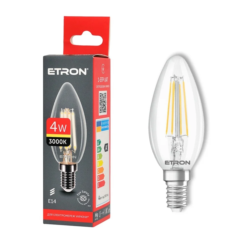 Світлодіодна лампа філаментна ETRON 1-EFP-147 4W 3000K E14 C37, тепле світло, прозора
