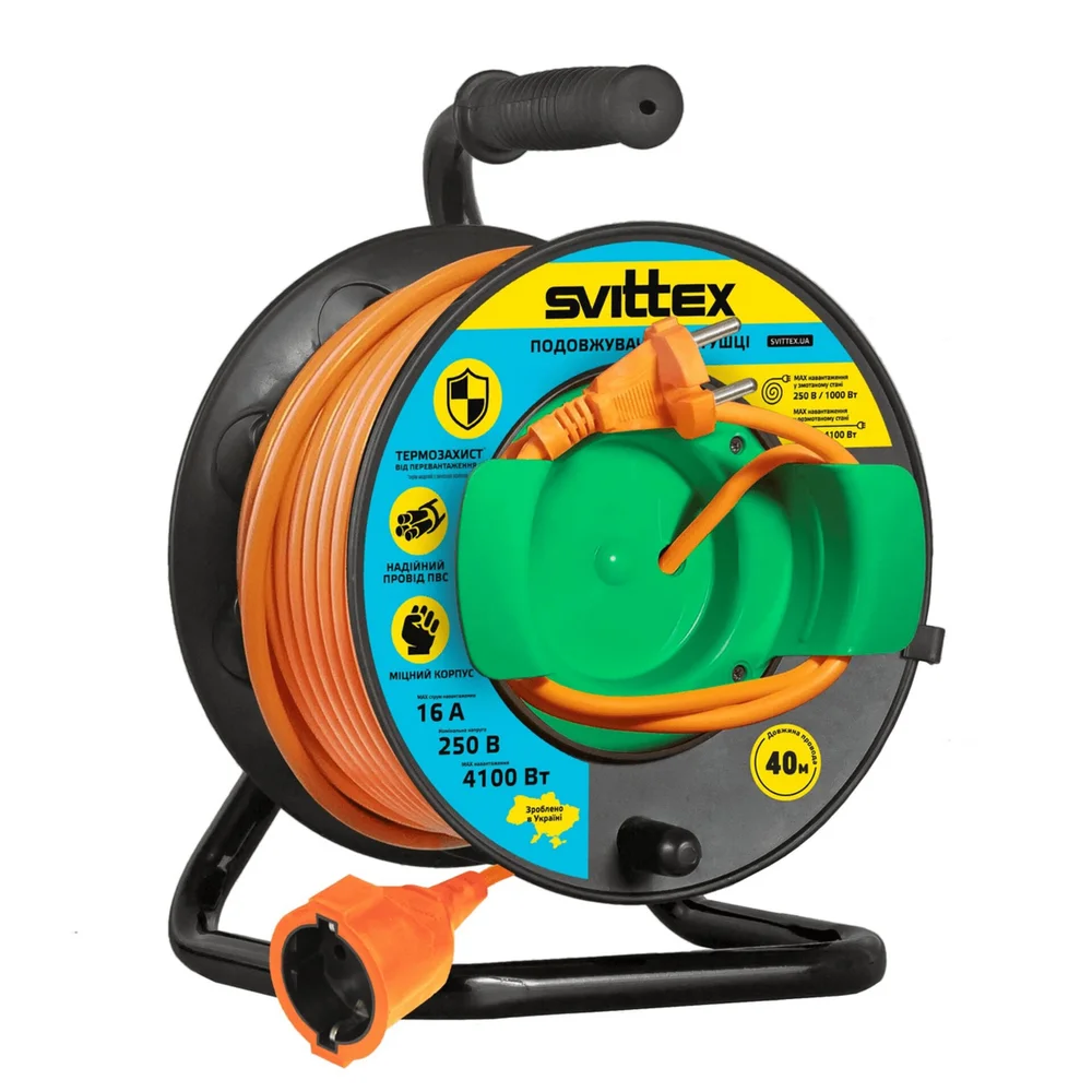 Подовжувач на катушці 40м 2х2,5 мм² з виносною розеткою SVITTEX 