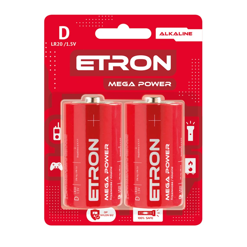 Батарейки ETRON Mega Power D (LR20) 2 шт.