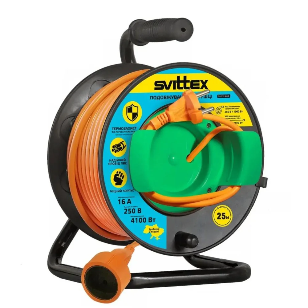 Подовжувач на котушці 25м, 2х2,5 мм² з виносною розеткою SVITTEX