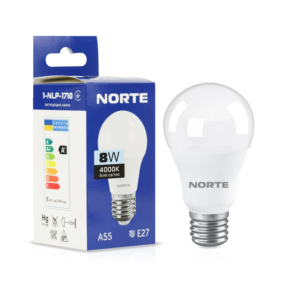 Світлодіодна LED лампа NORTE 8Вт E27 A55 4000K (1-NLP-1710)