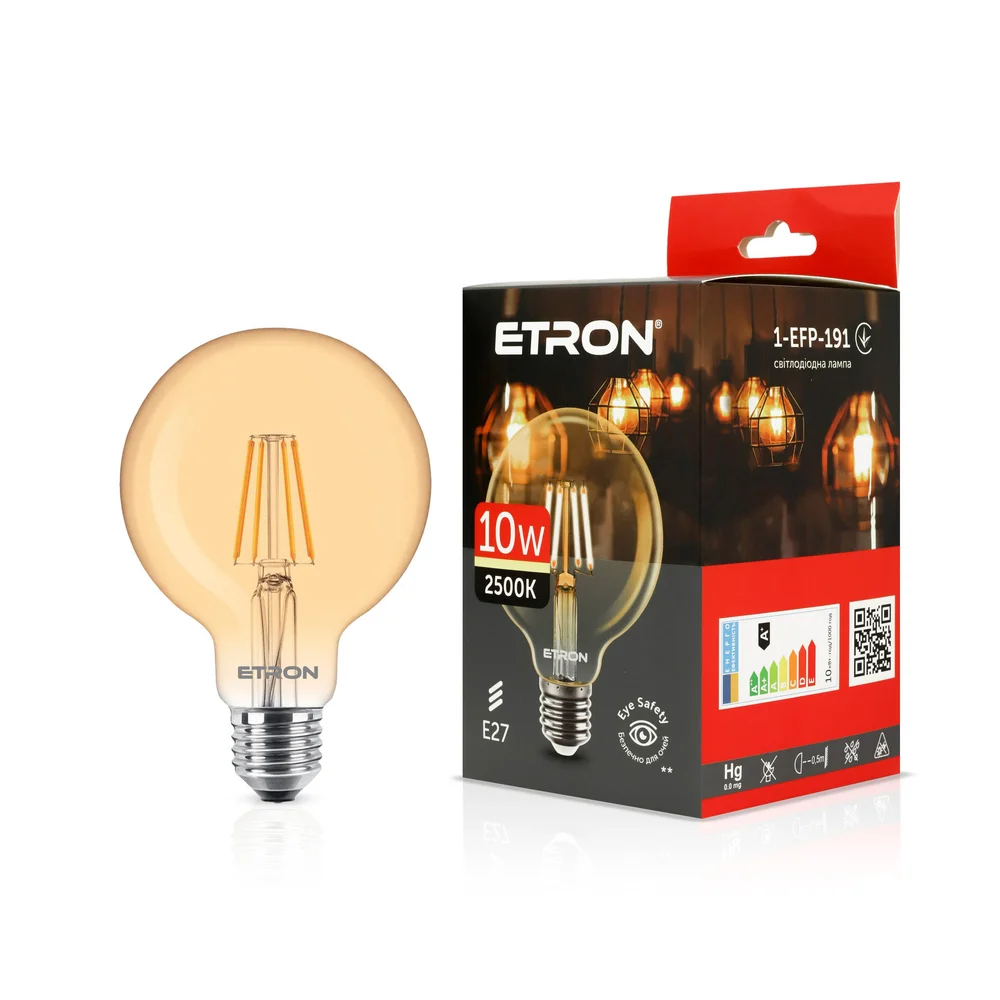 Світлодіодна філаментна лампа ETRON G95 10W E27 2500K тепле світло, золота