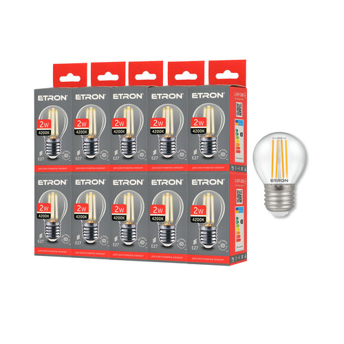 Набор LED филаментных ламп ETRON G45 E27 2W 4200K, белый свет, 10 шт, прозрачные