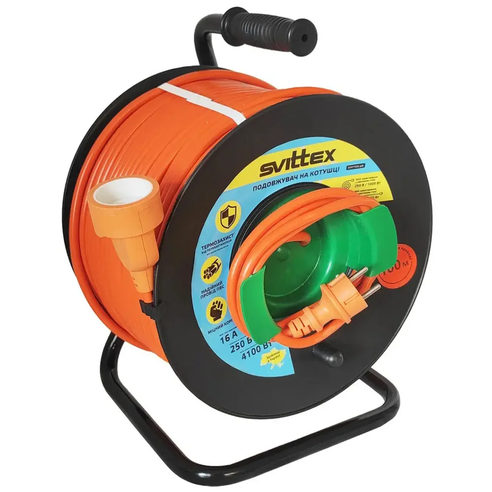 Подовжувач на катушці 100м 2х2,5 мм² з виносною розеткою SVITTEX