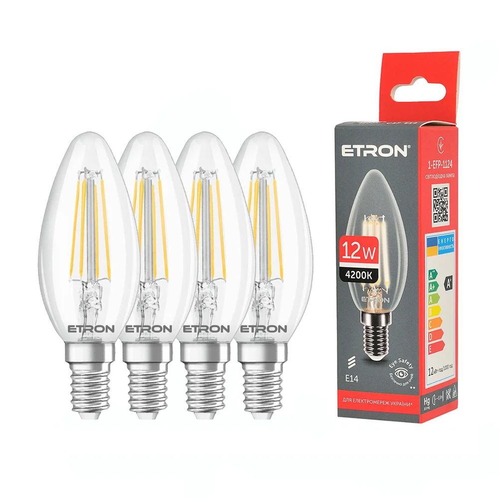 Комплект філаментних ламп ETRON Filament 4 шт  12Вт 4200K С35 E14   1-EFP-1124-4
