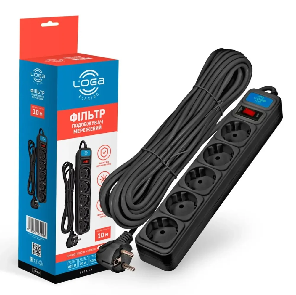 Мережевий фільтр-подовжувач 10 метрів із заземленням та вимикачем чорний, LOGA 