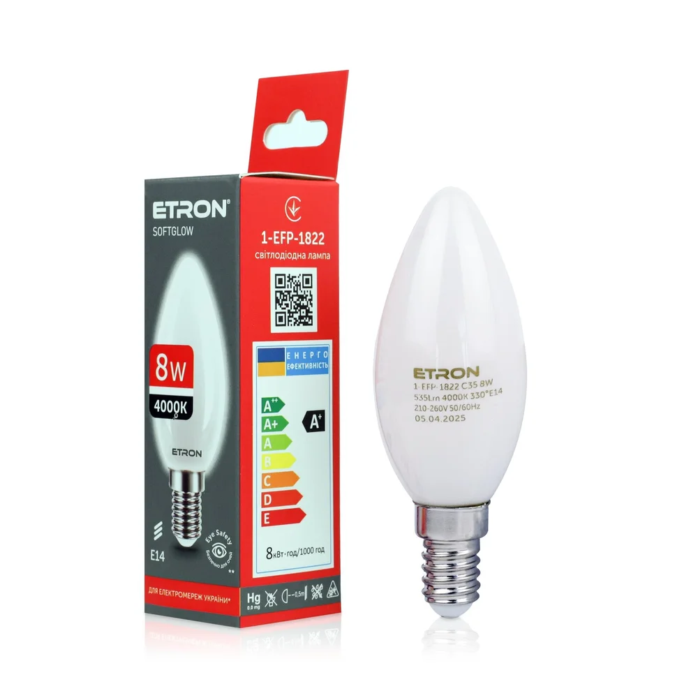 Світлодіодна філаментна лампа ETRON SoftGlow C35 8W 4000K E14 матова колба (1-EFP-1822)