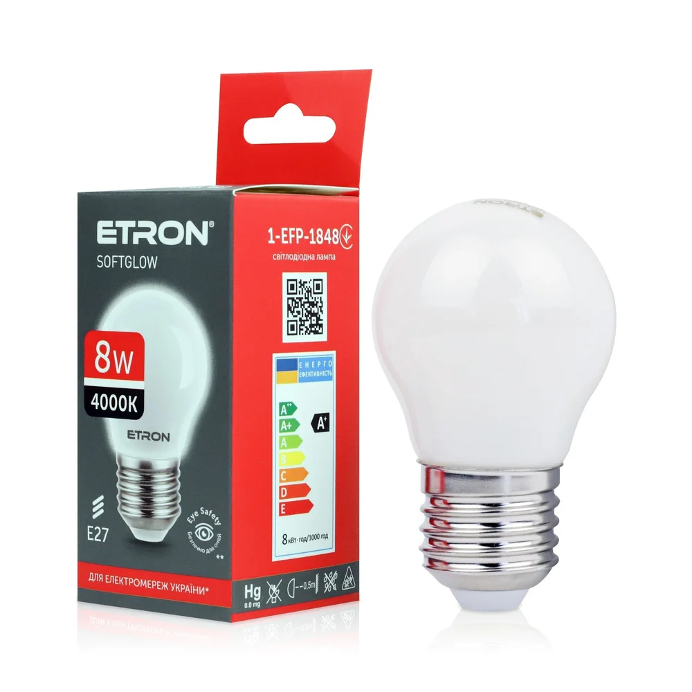Світлодіодна філаментна лампа ETRON G45 8W 4000K E27 матова колба (1-EFP-1848)