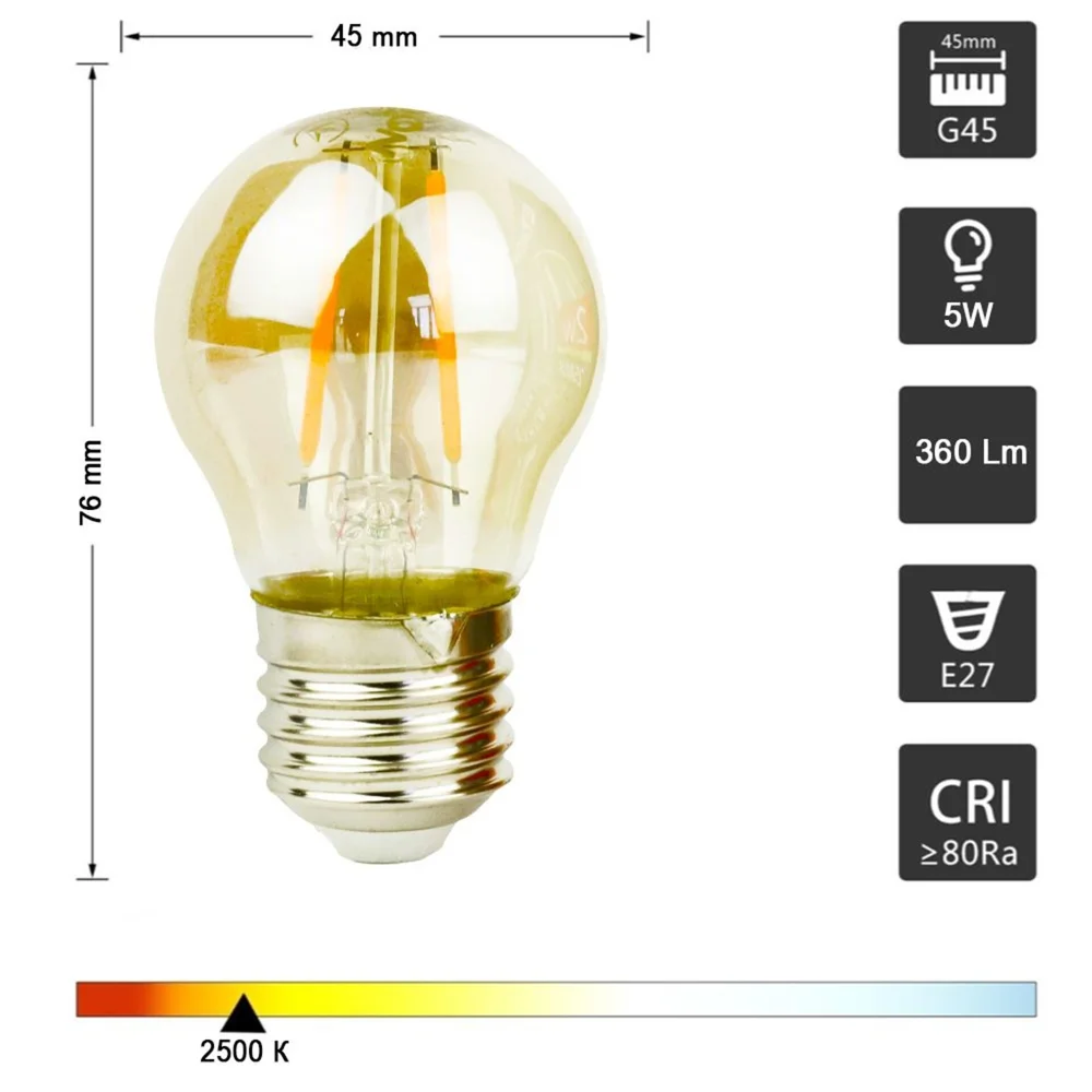 Світлодіодна філаментна лампа ETRON G45 5W E27 2500K тепле світло, золота