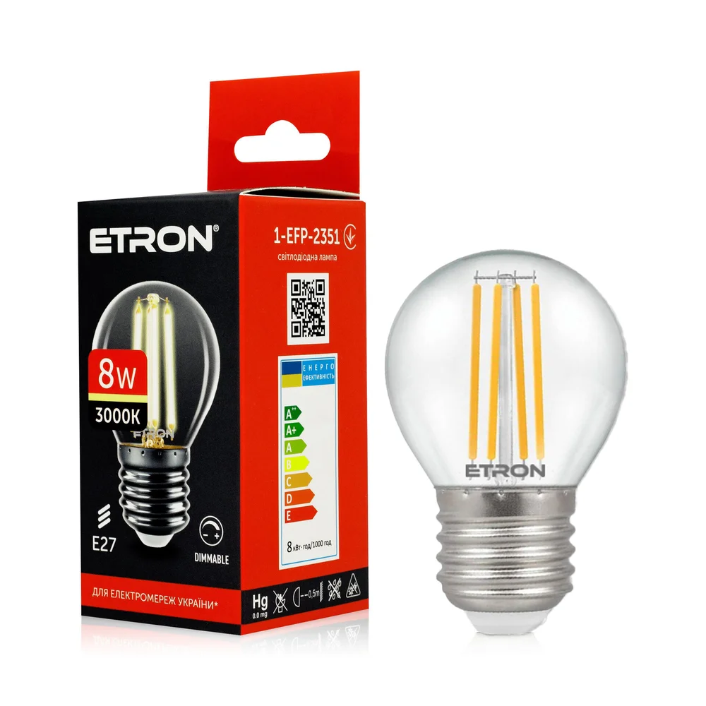 Світлодіодна філаментна лампа ETRON G45 8W E27 3000K Димерна 1-EFP-2351
