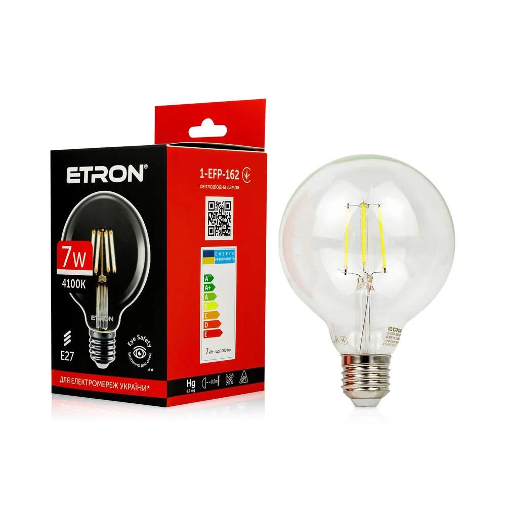 Світлодіодна філаментна лампа ETRON G95 7W E27 4200K нейтральне світло, прозора