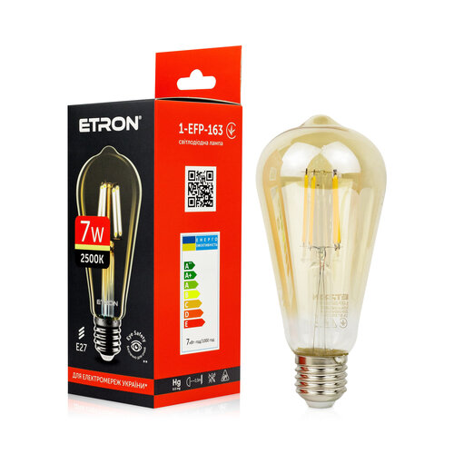 Світлодіодна філаментна лампа ETRON ST64 7W E27 2500K тепле світло, золота