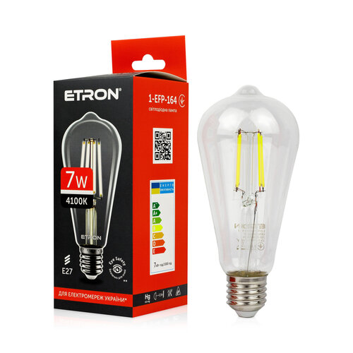 Світлодіодна філаментна лампа ETRON ST64 7W E27 4200K нейтральне світло, прозора