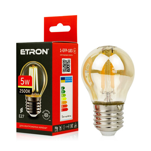 Світлодіодна філаментна лампа ETRON G45 5W E27 2500K тепле світло, золота