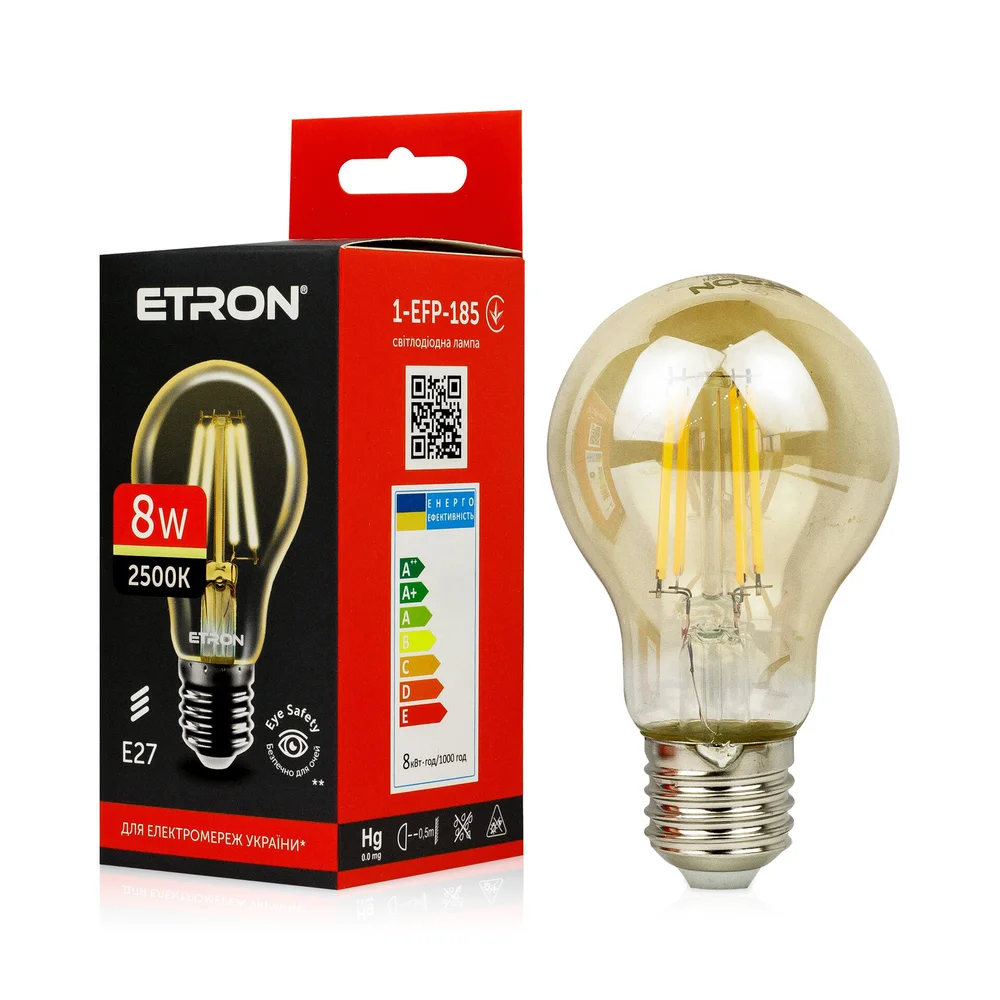 Світлодіодна філаментна лампа ETRON A60 8W E27 2500K тепле світло, золота