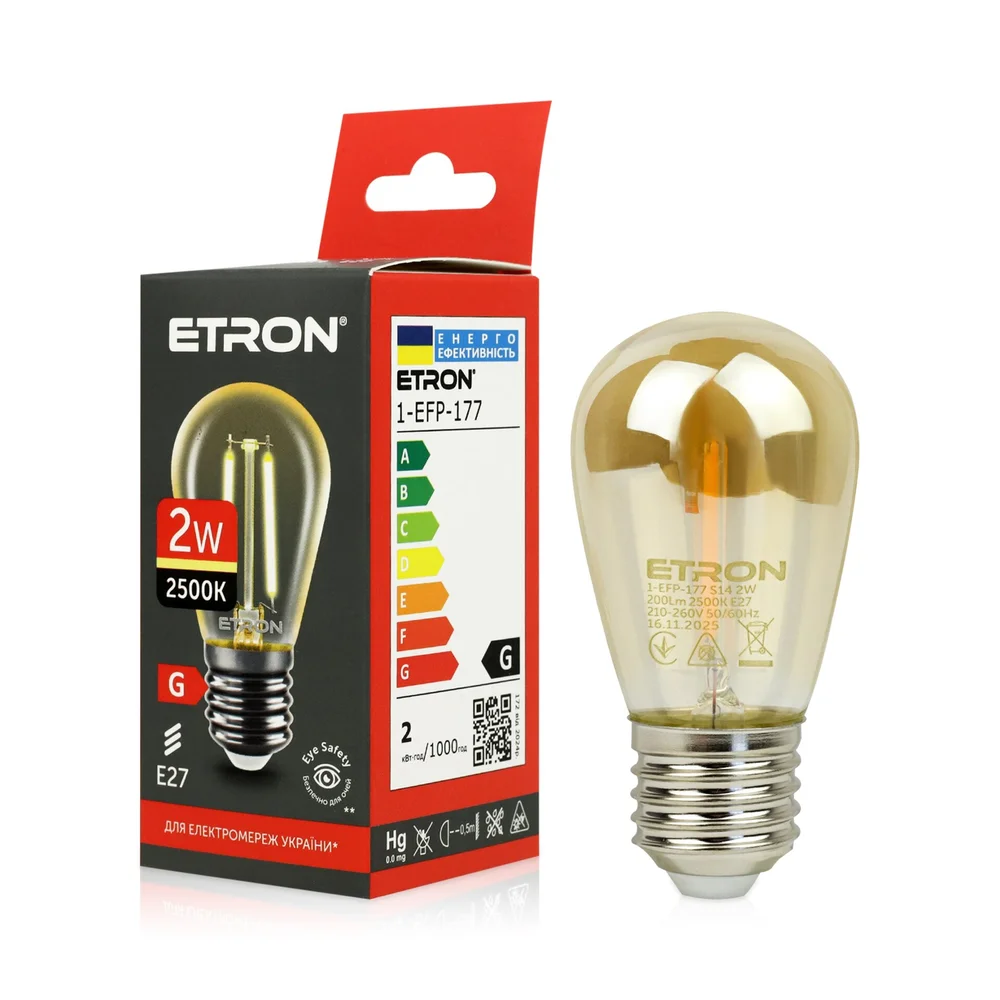 Світлодіодна філаментна лампа ETRON 1-EFP-177 2W 2500K S14 E27 позолочене скло
